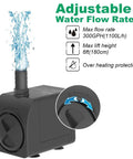 Ultra Quiet Submersible Pump 300GPH With Overheat Protection, 6 Foot Lift, adjustable flow, side view showing water flow