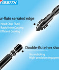 Beefy Four Flute Serrated Masonry Drill Bit Set with 4-flute edge and double-flute hex shank for precise drilling.