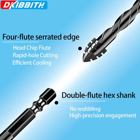 Beefy Four Flute Serrated Masonry Drill Bit Set with 4-flute edge and double-flute hex shank for precise drilling.