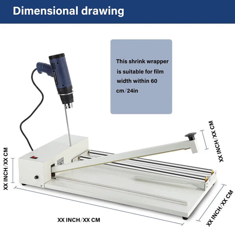 2 In 1 Shrink Wrap Machine With Heat Gun 45 Cm Manual Heat Sealer with dimensional drawing for packaging bags and crafts.