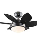 Quince 24 Inch LED Ceiling Fan With Light in gun metal finish, featuring reversible black blades and opal glass light for small rooms.