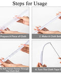 Steps showing 10-Piece Loop Turner Kit with 10.4 inch stainless steel hooks used for fabric tubes and belts, gentle on fabric.