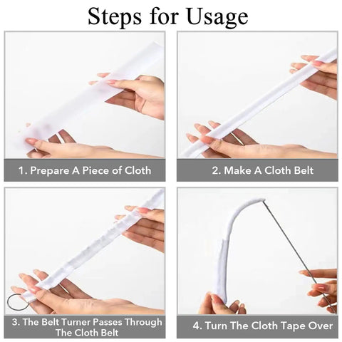 Step-by-step use of 10.4 Inch Loop Turner Tool Set 5Pcs Stainless Steel Loop Turners for fabric belts shown with hands handling tool.