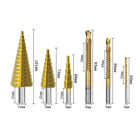 Heavy Duty 6 Pc Step Drill Bit Set With Titanium Coating For Punching Holes In Metal Iron Sheets And Wood Panels 3mm 4mm 8mm Sizes, six bits