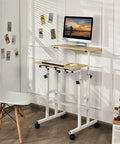 Adjustable Height Steel And Wood Mobile Standing Desk With Smooth Gliding Wheels in a home office setting with computer and chair.