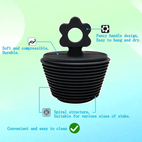 2 Pack Universal Silicone Bathtub Drain Stopper Plug For Tub And Sink Drains Black With No Fuss Seal showing spiral design