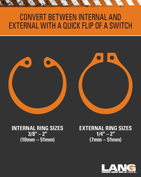 Model 1434 Internal And External Quick Switch Retaining Ring Pliers And Tip Kit showing ring size conversion chart.