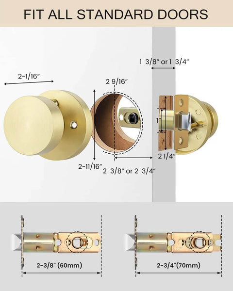Diagram showing installation of Brushed Gold Privacy Door Knobs Set, Heavy Duty Zinc Alloy Interior Door Knobs For Bedroom And Bathroom