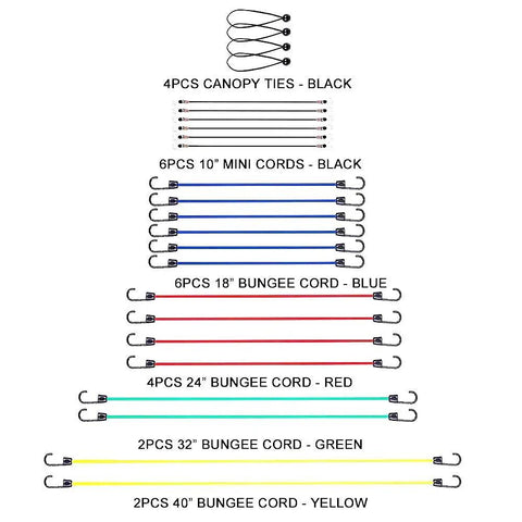 Heavy Duty Bungee Cord Set With Hooks In Jar, 25 Piece Latex Core Elastic Cords in various colors and lengths displayed