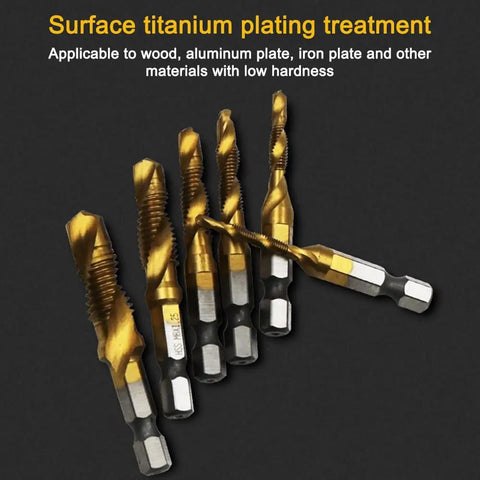Six Piece Titanium Drill Tap Bit Set With 1/4 Inch Hex Shank For Metric M3 To M10 Taps And Countersink Bits, HSS 4341