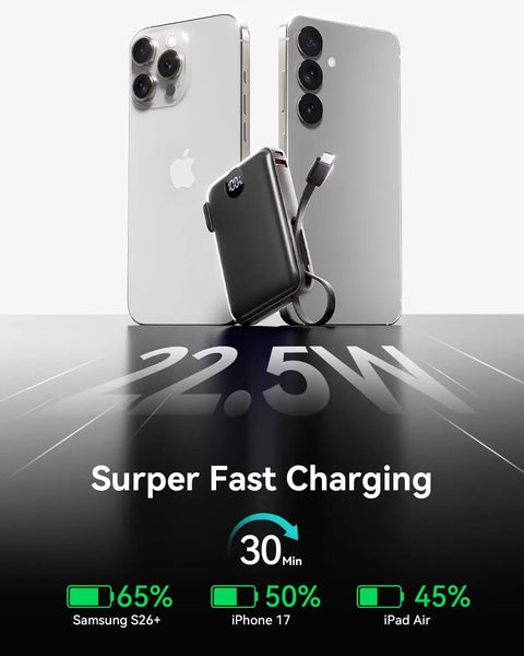 Hella Slick Compact Portable Charger 10000mAh Power Bank With Built In Usb C And Usb A Cables Plus AC Plug For Grab And Go Travel Everyday Carry Setup Gear with fast charging stats