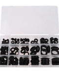 125 Piece Black Rubber Grommet Seal Kit For Hoses And Faucets With Heat Resistant Rubber Gaskets In A Handy Plastic Box For Windows And Small Appliances, open case