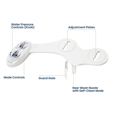 LUXE Bidet NEO 120 white non-electric toilet-seat attachment with single rear wash nozzle and manual water controls.