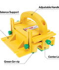 Grr-Ripper GR-100 3D Table Saw Pushblock with high-friction no-slip grip, bright yellow design with adjustable handle and center leg.