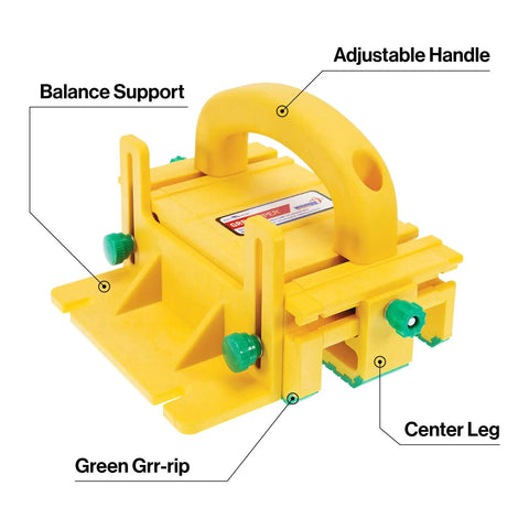 Grr-Ripper GR-100 3D Table Saw Pushblock with high-friction no-slip grip, bright yellow design with adjustable handle and center leg.