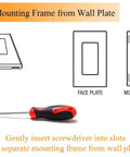 Illustration showing mounting frame separation from wall plate with screwdriver for Smart Dimmer Switch With Remote, WiFi Enabled.