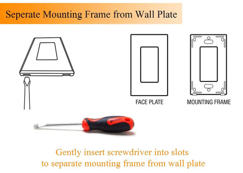 Diagram showing how to separate faceplate and mounting frame, includes screwdriver for 3-Way Or Single-Pole In-Wall Slide Dimmer Switch