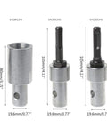 Three sizes of Water Borer Tool Ready Earth Auger Drill Bit Adapter With SDS Arbor Connector, showing dimensions and metal design.