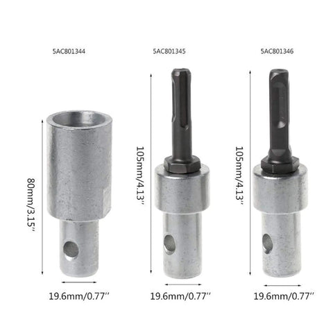 Three sizes of Water Borer Tool Ready Earth Auger Drill Bit Adapter With SDS Arbor Connector, showing dimensions and metal design.