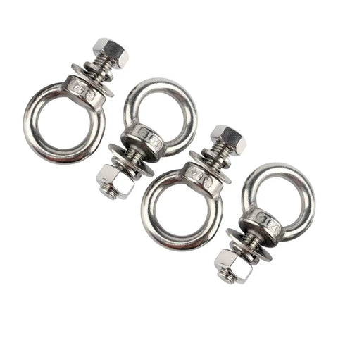 Beefy Stainless Steel Eye Bolts With Nuts Pack Of Four Quarter Inch By One Inch Lifting Rings shown from top view