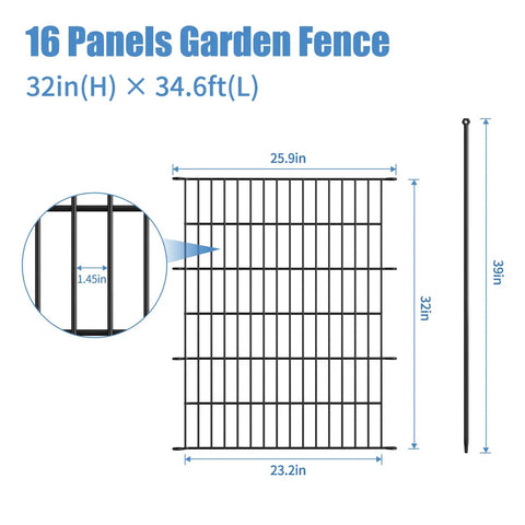 16 Panel Garden Fence With Gate, Rustproof Metal Fence Panels For Yard, 32 Inches High By 37 Point 8 Feet Long, black coated