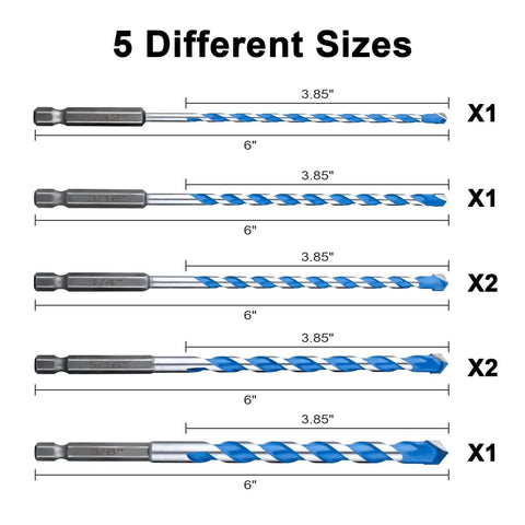 UBESTHS 7-piece masonry drill bit set with blue-silver carbide bits, hex shanks, sizes 5/32 to 3/8 in (diagram view)
