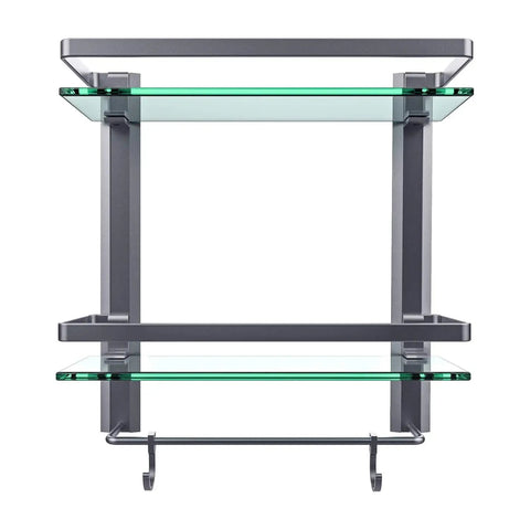 Front view of 2 Tier Glass Wall Shelf With Integrated Towel Bar In Brushed Silver Finish, Wall Mounted Shower Storage That Fits Large Shampoo Bottles, Fifteen Point Two By Five Inches, Slick Modern Bathroom Organizer