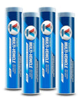 Four blue cartridges labeled for automotive use, matching the description of Moly Fortified Gray Grease 14.1 Oz Cartridge For Automotive Chassis Bearings And Suspension NLGI 2 GC LB Lithium Complex EP 0 F To 375 F Heavy Duty Extreme Pressure Ford Spec Compatible.