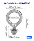 M4 Eyebolt Size 304 Stainless Steel ring and hex nut, 6pcs set for rigging and towing tasks.