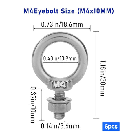 M4 Eyebolt Size 304 Stainless Steel ring and hex nut, 6pcs set for rigging and towing tasks.