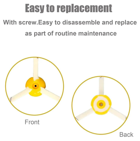 Front and back view of yellow side brush replacements for Roomba vacuum cleaners 900 800 700 600 series and 960 980 985 6 pack easy install