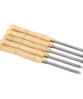 Five wood lathe turning tools with wooden handles and cemented carbide blades for heavy duty crafting projects.