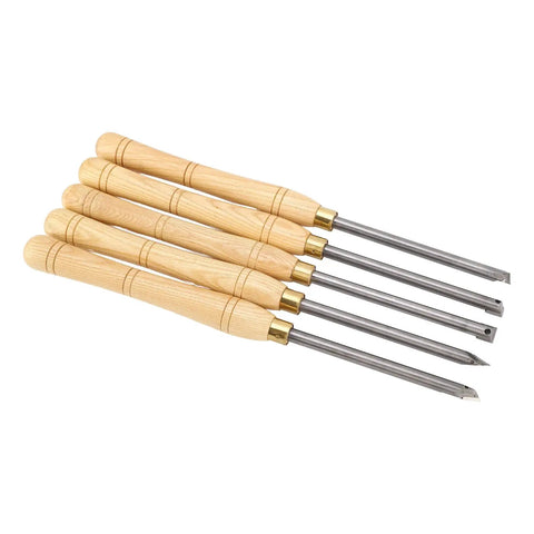 Five wood lathe turning tools with wooden handles and cemented carbide blades for heavy duty crafting projects.
