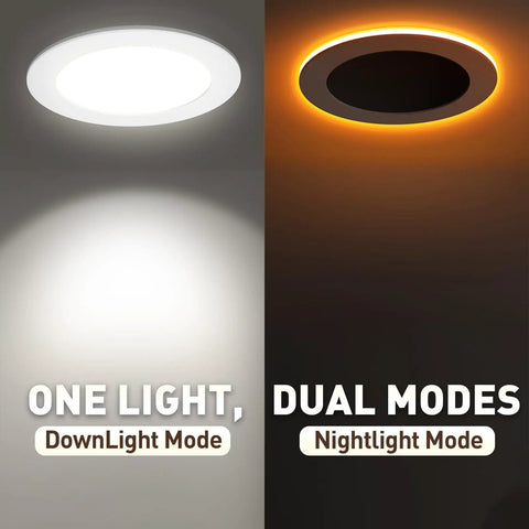 Six Pack Ultra Thin Canless LED Recessed Downlights 6 Inch Dimmable With Night Light Mode 2700K To 5000K showing light modes