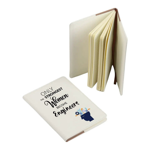 Leather Engineer Notebook Cover For Women, Waterproof Journal Case For Female Engineers with inspiring quote, open A5 view