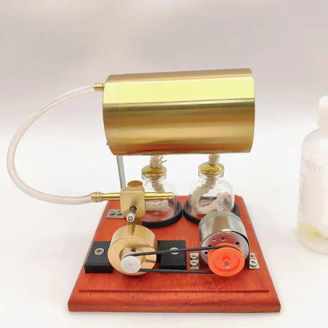 Hands-On Mini Steam Engine Generator Kit For Adults with brass boiler and piston on wooden base, educational model