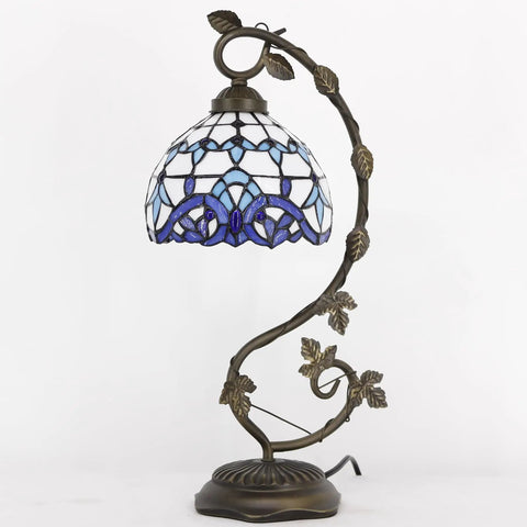 Tiffany Style White Blue Stained Glass Table Lamp With Reading Desk Light Metal Leaf Base 8x10x21 Inches Space Saving