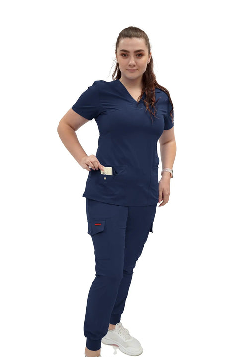 Women's V Neck Scrub Top Delivering Killer Comfort And Sharp Navy Styling crafted for nurses wearing navy scrubs with pockets.