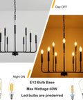Black Farmhouse Chandelier For Dining Room Over Table Nine Light Industrial Metal Candle Lighting Fixture showcasing on and off light settings with E12 bulb base.