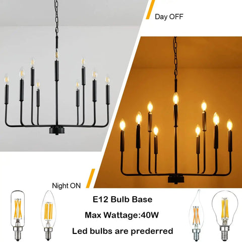 Black Farmhouse Chandelier For Dining Room Over Table Nine Light Industrial Metal Candle Lighting Fixture showcasing on and off light settings with E12 bulb base.