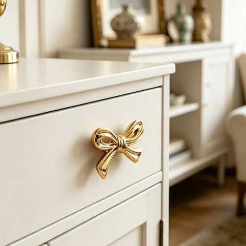 Gold Bow Drawer Knobs Set 8 Pcs on white cabinet, sleek bow design, Sturdy Bow Cabinet Handles For Dresser, Desk, Wardrobe, TV Stand