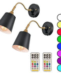 Battery Powered Dope Gooseneck Wall Light with Remote Dimmer, black metal finish, shown with adjustable sconces and remotes included