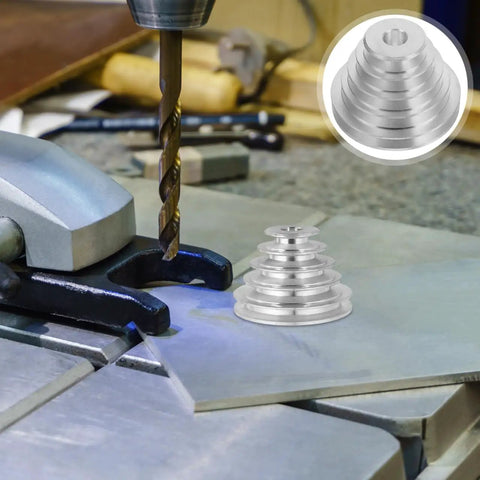 Premium Hardcore Heavy Duty Multi V Groove Aluminum Drill Press Pulley Step Belt Drive Sheave on workbench with drill.