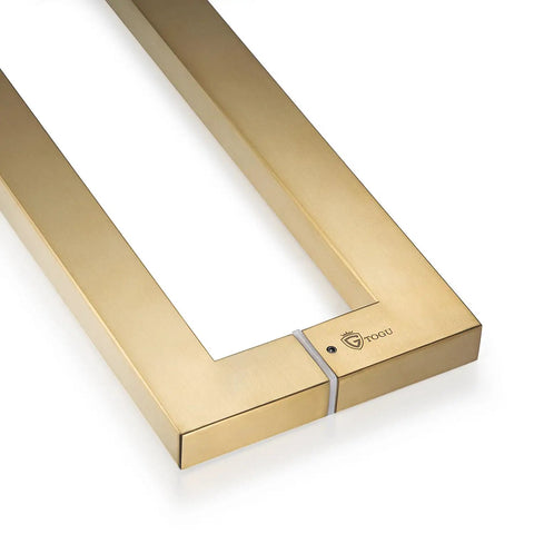 Heavy Duty Push Pull Door Handle In Stainless Steel 304 With Satin Gold Finish, 450mm 18 Inches Square Rectangle Mount For Solid Wood Timber Glass And Metal Doors, 1.2mm Wall Thickness, Boss Grade Build. Satin gold L-shaped handle close-up
