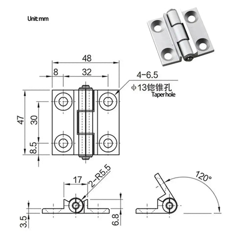 Heavy Duty 120 Degree Limit Hinge For Industrial Electrical Machinery And Automation Hardware with compact dimensions and design details.