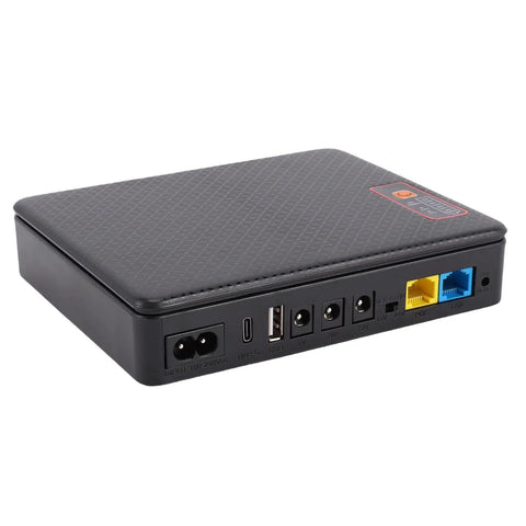 Mini Ups Battery Backup 20800mAh US Plug Power Supply For Routers And Modems with various output ports and connectors.