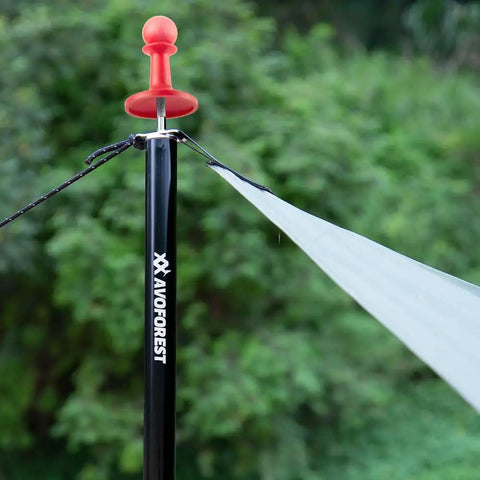 Beefy Heavy Duty Tent Poles for Tarp 90 Inch Set Thick 25mm Diameter with red cap holding tarp, outdoor use.