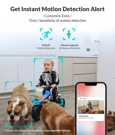 AI motion detection on 1080P Indoor Pet Cam with 2-way audio, night vision, child and pets visible