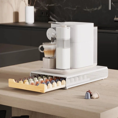 Bamboo PodStash Coffee Pod Storage Drawer Holder For Nespresso Pods 60 Pod Capacity White Modern Countertop Organizer That Declutters Your Coffee Corner And Keeps Everything In Reach