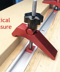 Close-up of Heavy Duty T Slot Hold Down Clamp Set For Precision Woodworking Benches securing material with vertical pressure.